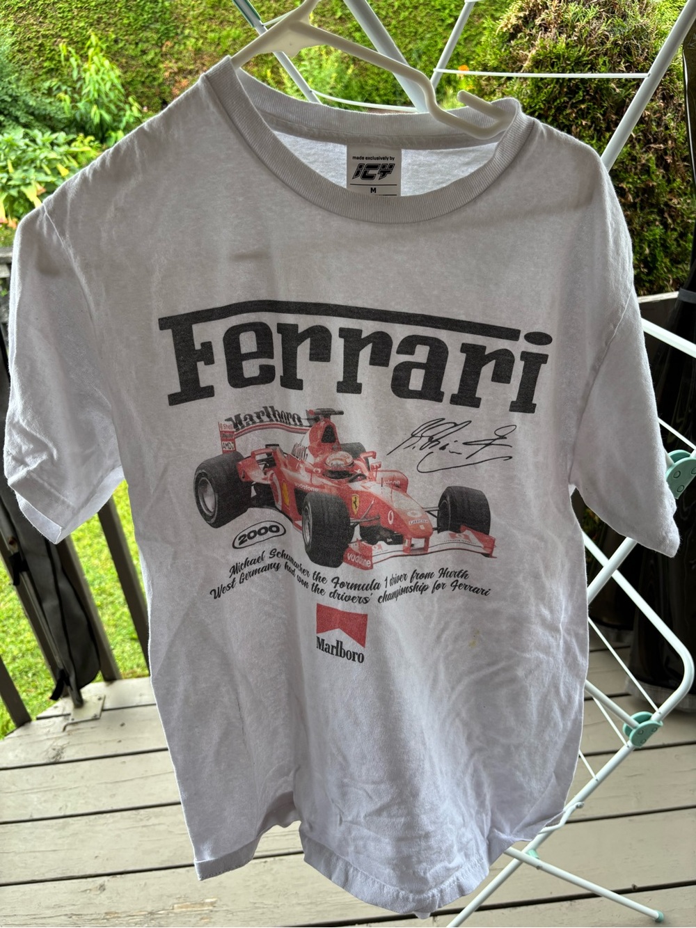 Ferrari White Short-Sleeve Graphic Tee with Racing Car Print